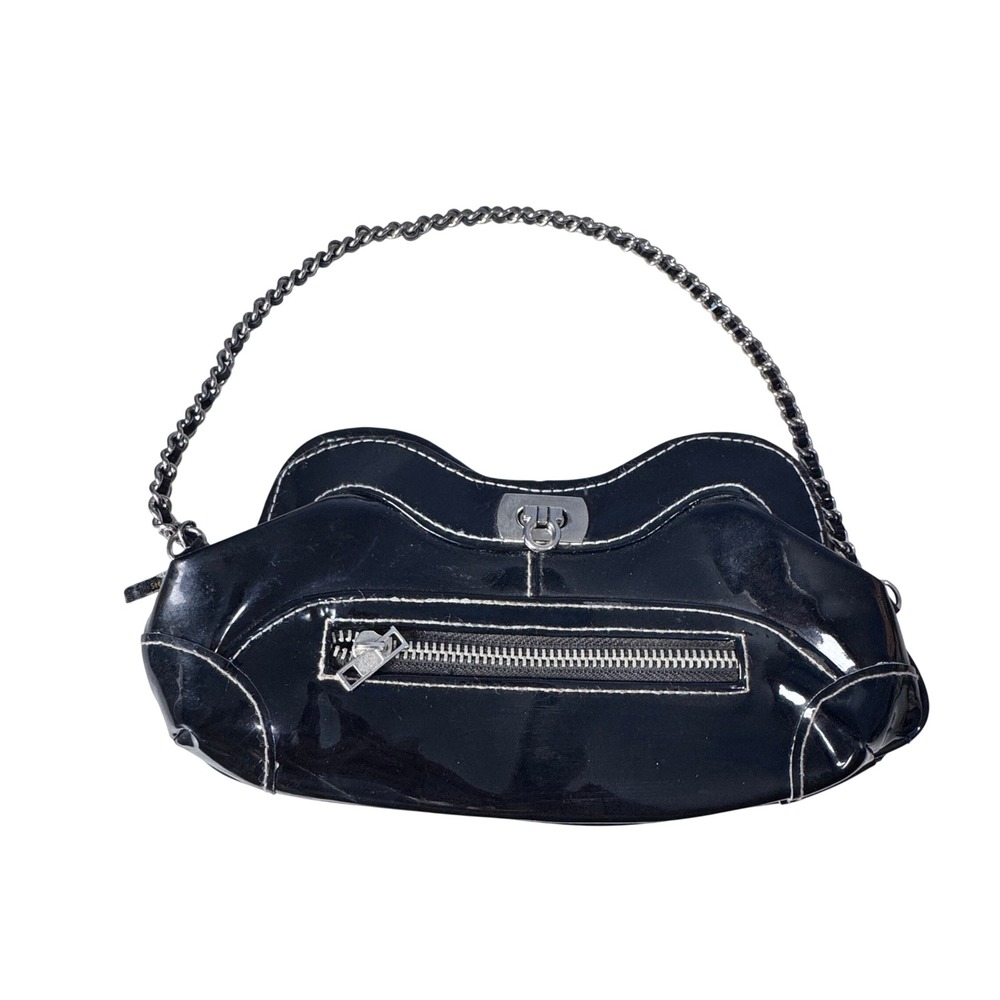 Black Patent Chain  Bag‎ Evening Clutch Flap Closure Silver Hardware